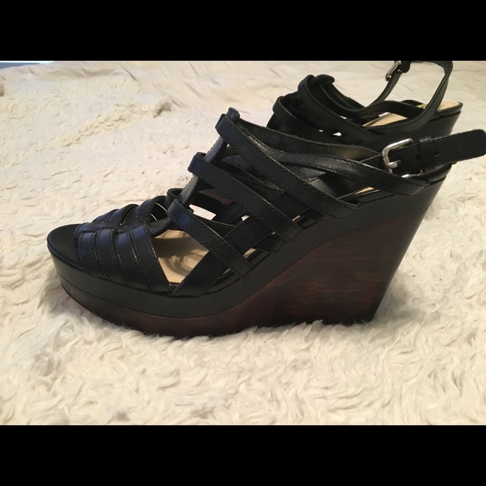 Coach black leather platform wedge